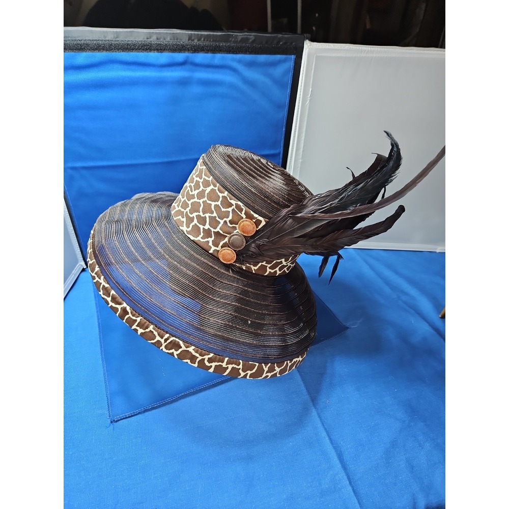 Church Derby Straw Hat Wide Brim Long Feathers Animal Print Whittall & Shon VTG